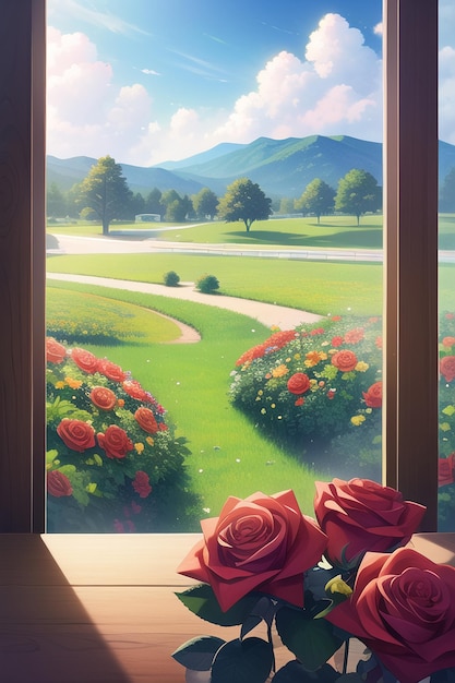 Une peinture d'une fenêtre avec des roses dessus.