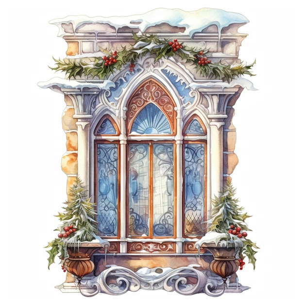 Une peinture d'une fenêtre avec une scène de Noël dessus