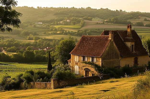 Une peinture d'une ferme à la campagne