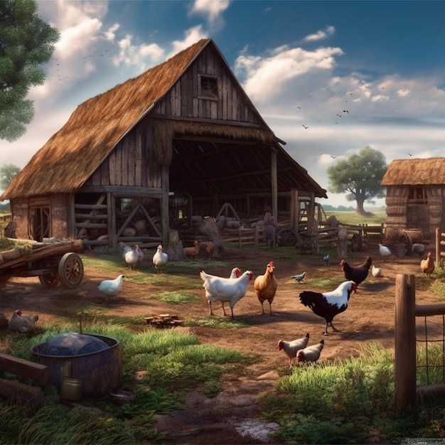 Une peinture d'une ferme avec une grange et des poulets.