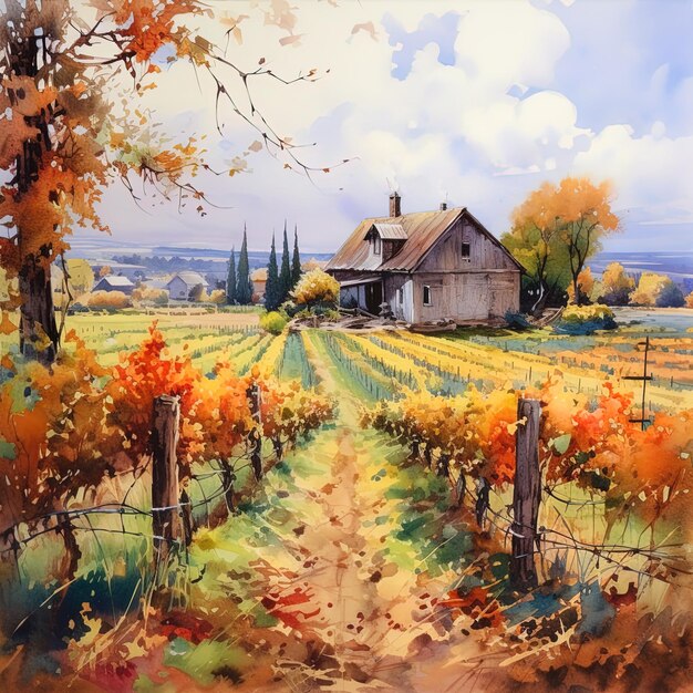 une peinture d'une ferme et d'un vignoble
