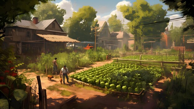 peinture d'un fermier et de son chien dans un jardin de légumes IA générative