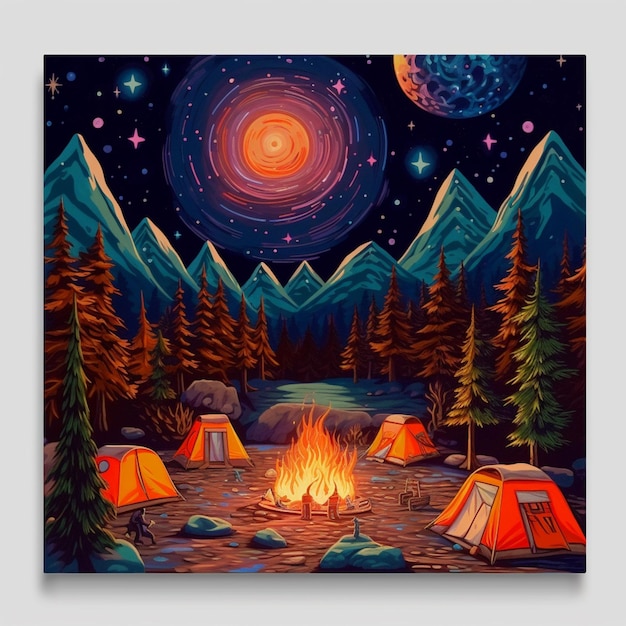 une peinture d'un feu de camp avec des tentes et une IA générative de pleine lune