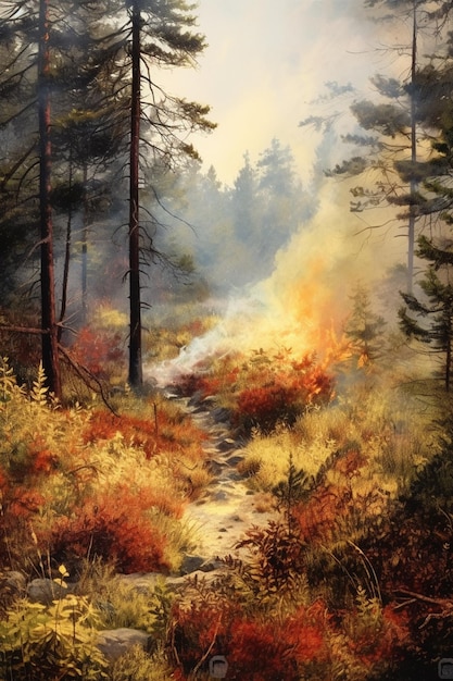 Peinture d'un feu de forêt au milieu d'un champ ai génératif