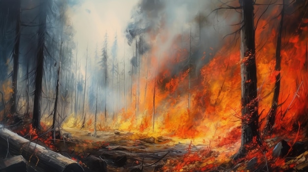 Une peinture d'un feu de forêt avec un homme en costume noir sur le sol.