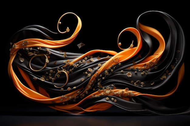 une peinture d'un feu noir et orange avec des lignes dorées et noires