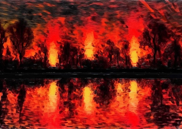 Photo une peinture d'un feu avec le reflet des arbres dans l'eau.