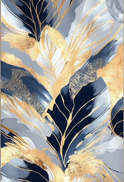 Une peinture d'une feuille tropicale aux couleurs or et bleu.