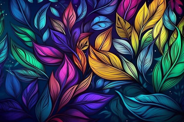 une peinture de feuilles colorées avec un fond coloré