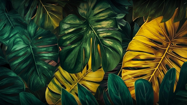 Une peinture de feuilles tropicales avec les mots tropicaux en bas.