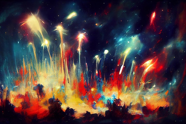 Une peinture de feux d'artifice dans le ciel nocturne.