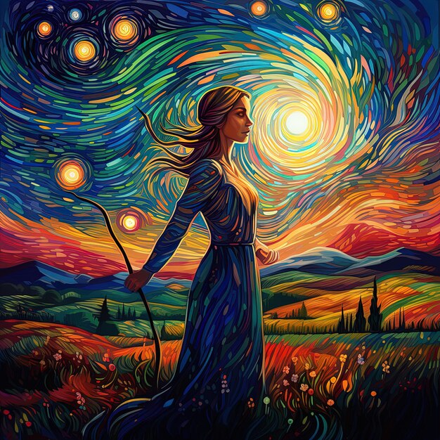Une peinture d'une fille avec un arc et une flèche au milieu.