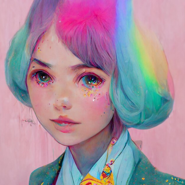 Une peinture d'une fille aux cheveux colorés et aux cheveux arc-en-ciel.