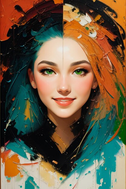 Une peinture d'une fille aux cheveux colorés et aux yeux bleus.