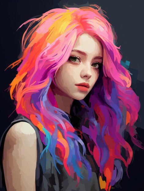 une peinture d'une fille aux cheveux colorés