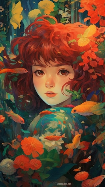 Une peinture d'une fille aux cheveux rouges et un poisson sur la tête