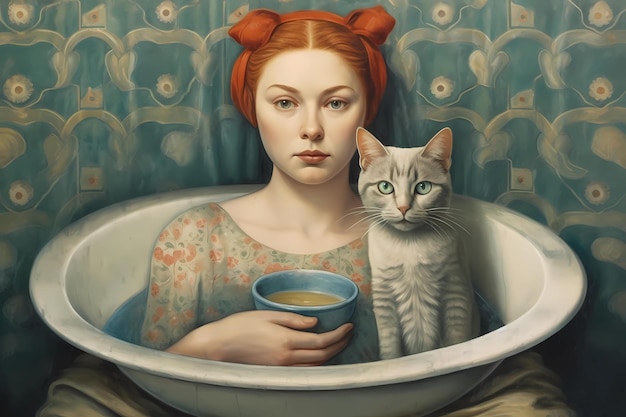 Une peinture d'une fille aux cheveux roux et d'un chat dans une baignoire Journée internationale des soins personnels