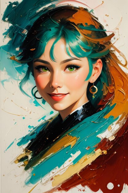 Une peinture d'une fille aux cheveux verts et aux cheveux bleus.