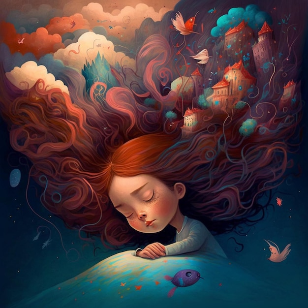peinture d'une fille aux longs cheveux roux qui dort sur un lit