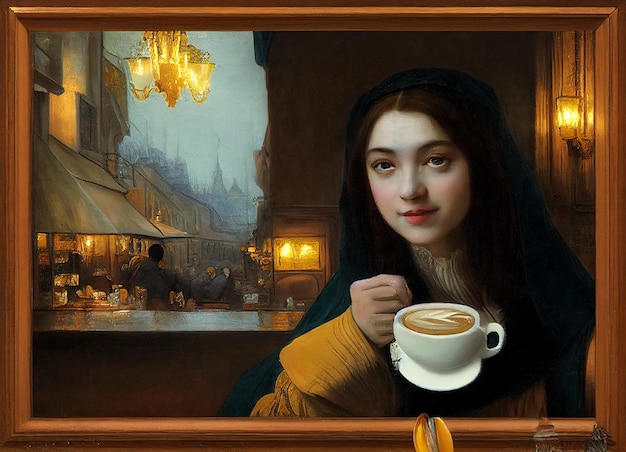 Une peinture d'une fille buvant du café avec un café en arrière-plan.