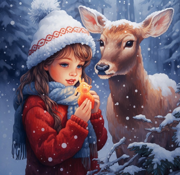 peinture d'une fille et d'un cerf dans la neige
