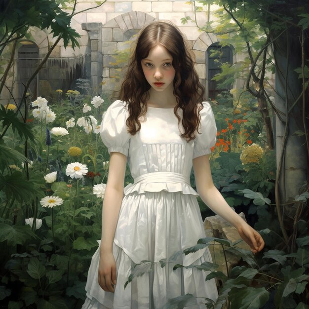 Une peinture d'une fille dans un jardin avec un jardin de fleurs en arrière-plan.