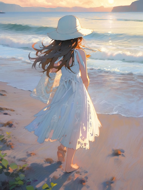 peinture d'une fille dans une robe blanche et un chapeau marchant sur la plage générative ai