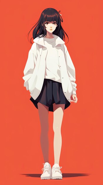 une peinture d'une fille dans une veste blanche et des shorts noirs