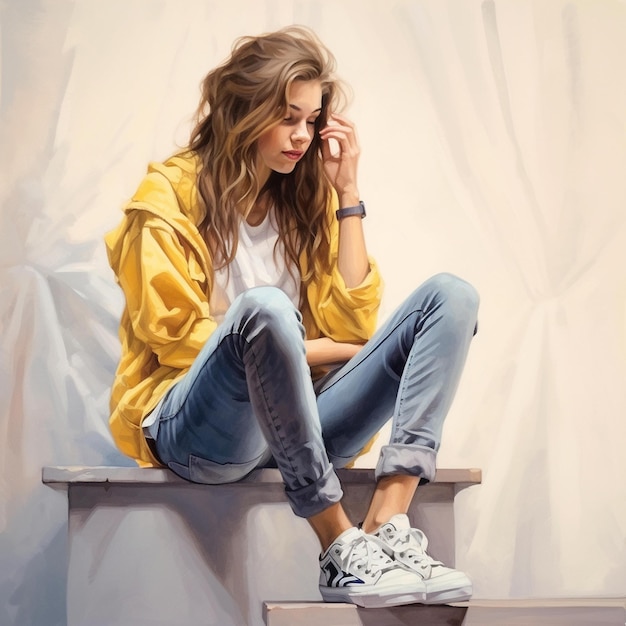 Une peinture d'une fille dans une veste jaune et un jean.