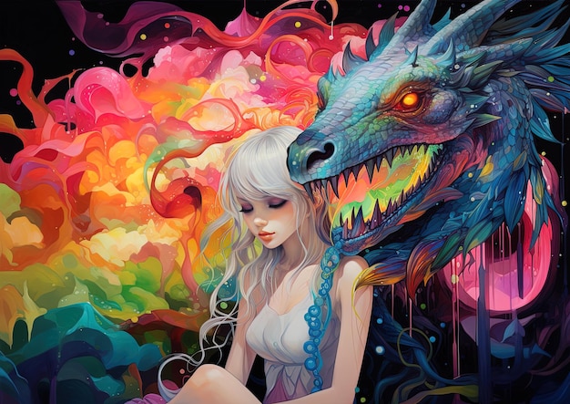 Photo une peinture d'une fille avec un dragon sur le dos