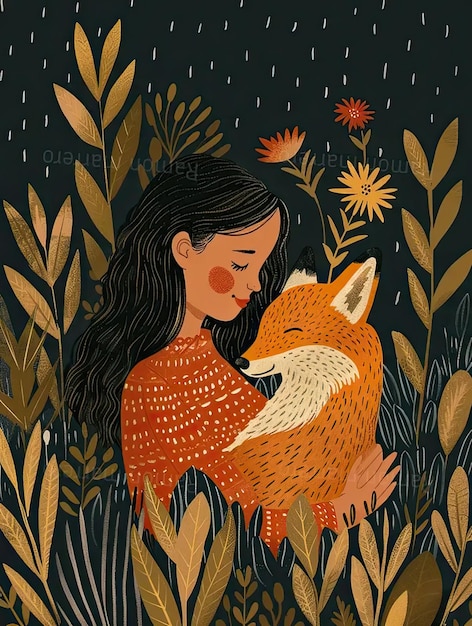 Une peinture d'une fille étreignant un renard