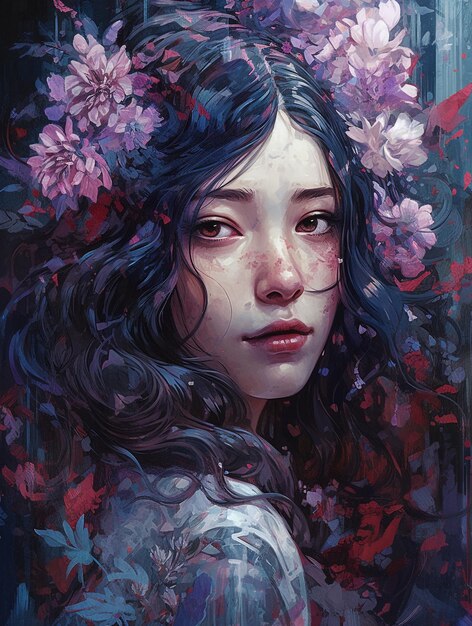 Une peinture d'une fille avec des fleurs sur la tête