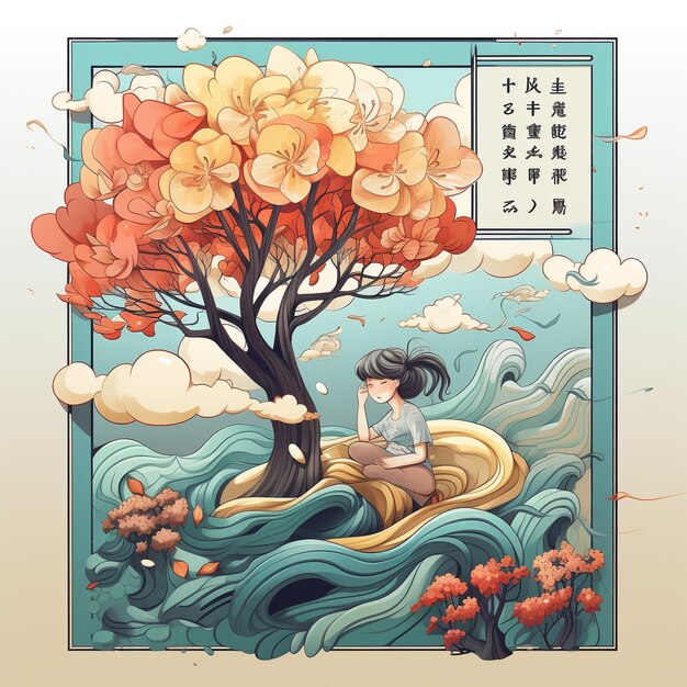 Une peinture d'une fille lisant un livre sous un arbre