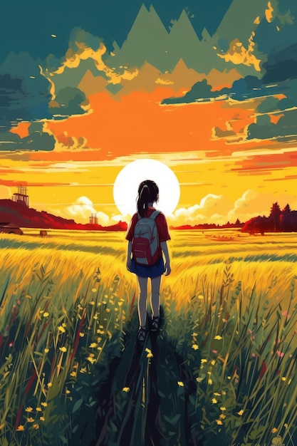 Une peinture d'une fille marchant dans un champ avec un coucher de soleil en arrière-plan.