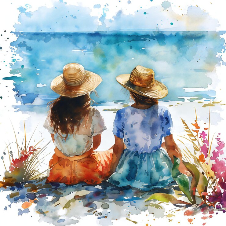 une peinture d'une fille sur la plage avec un chapeau qui dit une plage