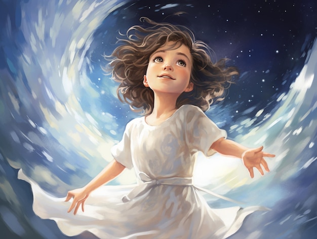 peinture d'une fille en robe blanche volant dans les airs IA générative