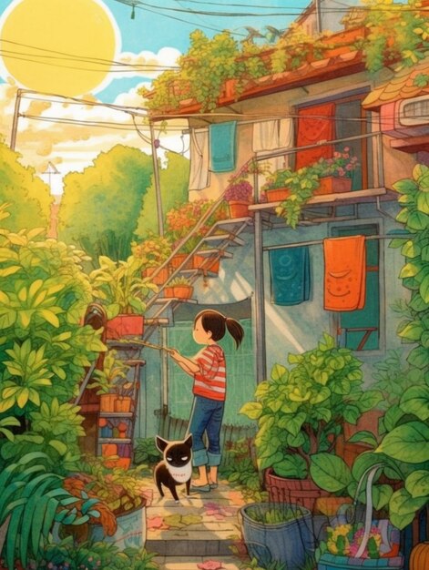 Photo une peinture d'une fille et de son chien dans un jardin génératif ai