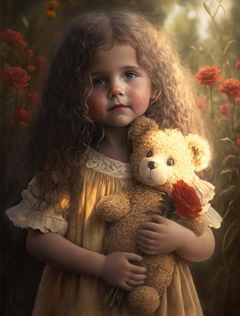 Une peinture d'une fille tenant un ours en peluche