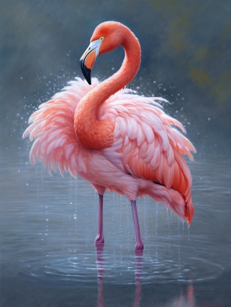 Une peinture d'un flamant rose dans l'eau