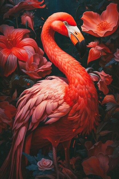 Une peinture d'un flamant rose avec des fleurs en arrière-plan