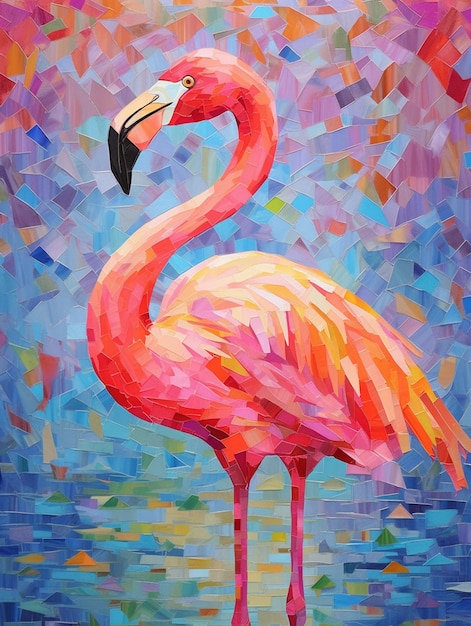 Une peinture d'un flamant rose avec un fond bleu et le mot flamant rose dessus.