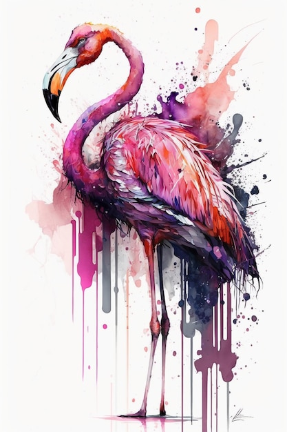 Une peinture d'un flamant rose avec un fond coloré