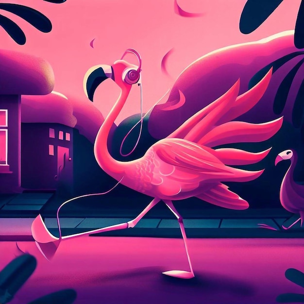 Une peinture d'un flamant rose avec un fond rose.