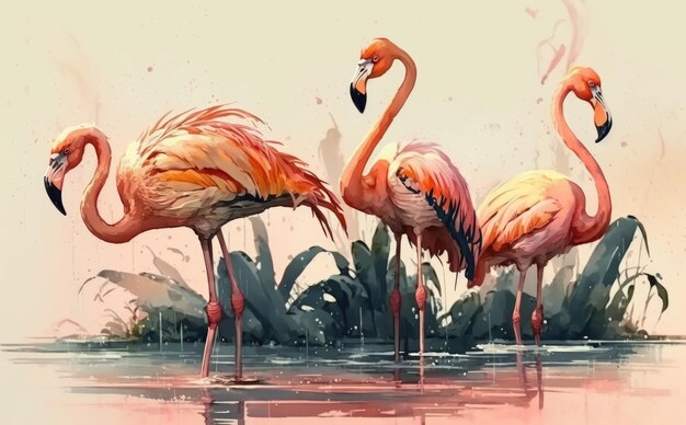 Une peinture de flamants roses dans un étang illustrations à l'aquarelle pour les enfants de style dessin animé ai généré