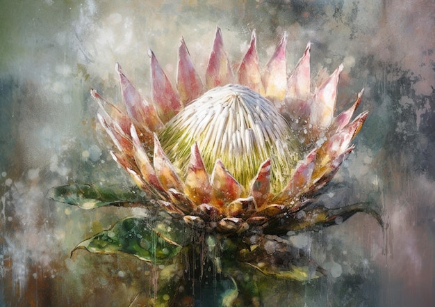 Une peinture d'une fleur appelée king protea