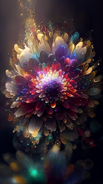 Une peinture d'une fleur avec un arc-en-ciel de peinture.