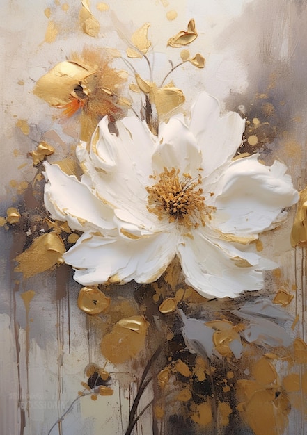 Une peinture d'une fleur blanche avec des feuilles d'or