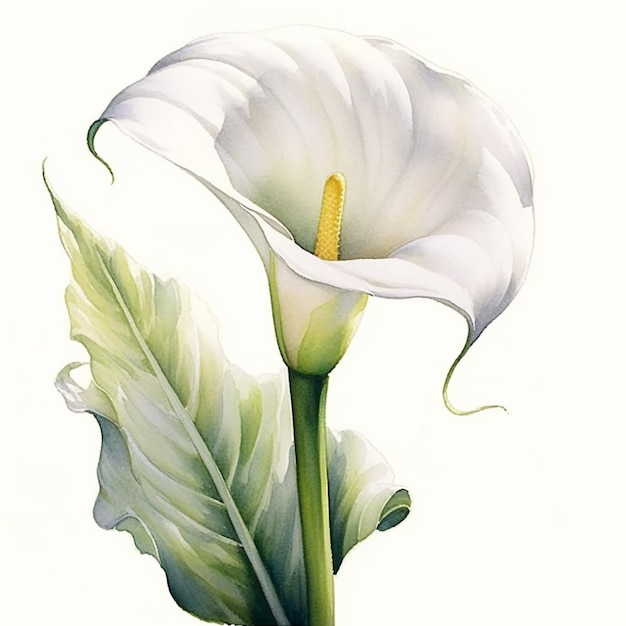 Peinture d'une fleur blanche avec des feuilles vertes sur fond blanc ai générative