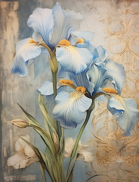 Peinture d'une fleur bleue avec une bordure dorée ai générative