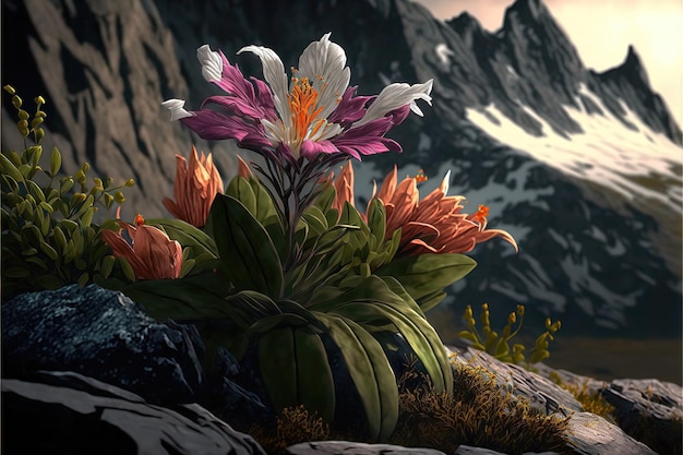 Une peinture d'une fleur devant une montagne